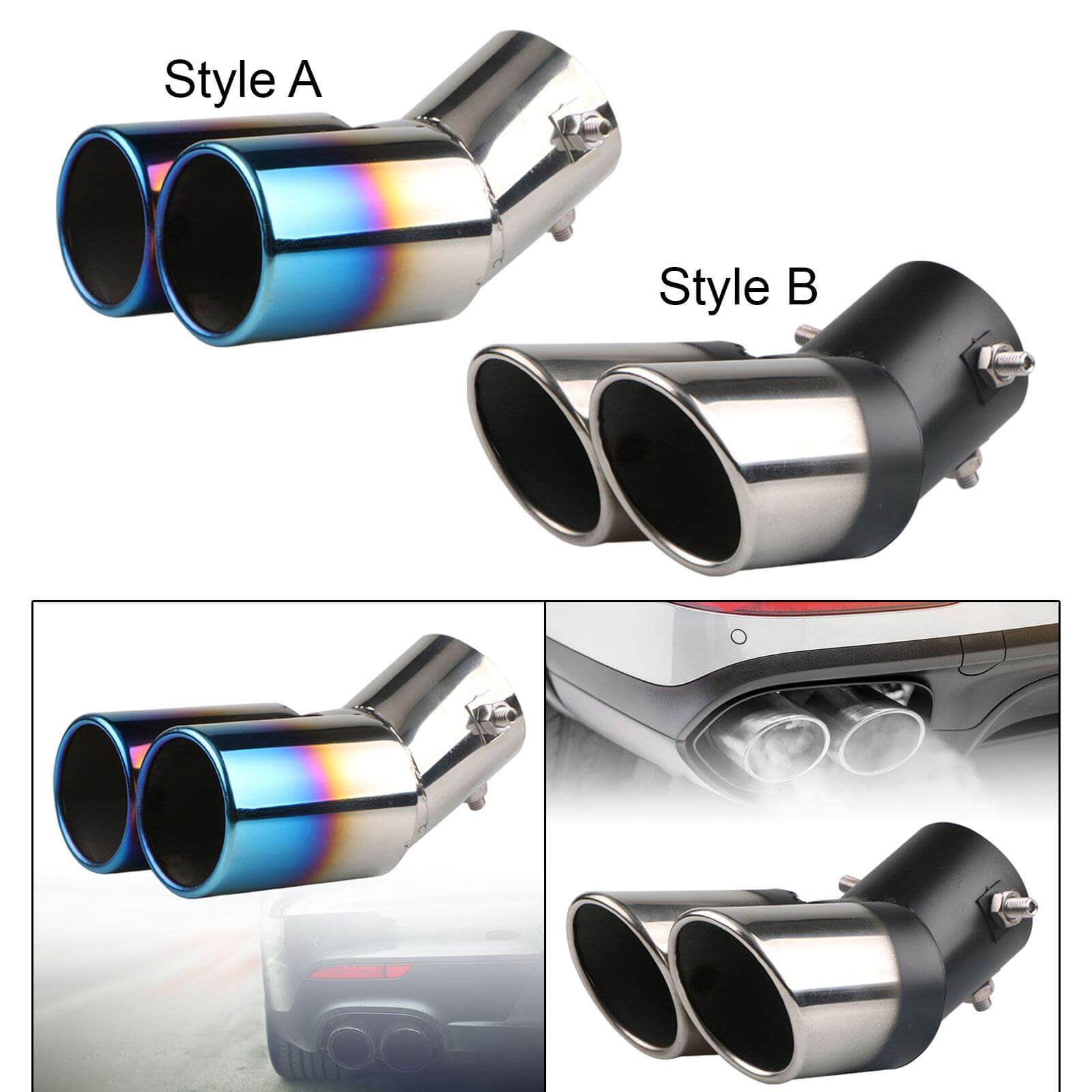 Universal Stainless Steel Dual Exhaust Tip – Curved Double Outlet Muffler Tail Pipe - GearUp Garage